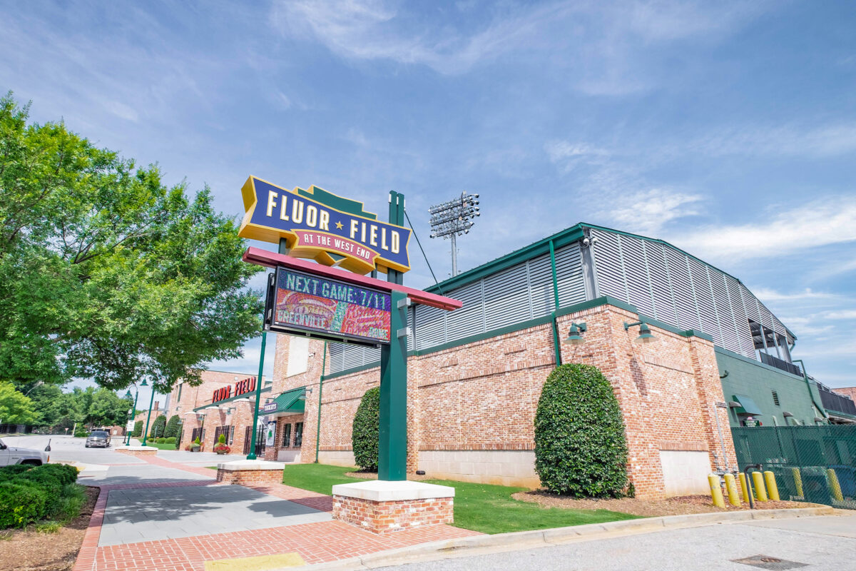 The sign outside of Fluor Field, Greenville's minor league baseball stadium